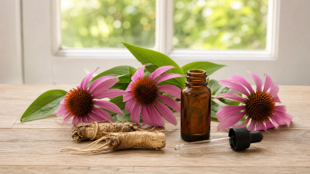 Fleurs et racines d’échinacée disposées près d’un flacon ambré sans étiquette.