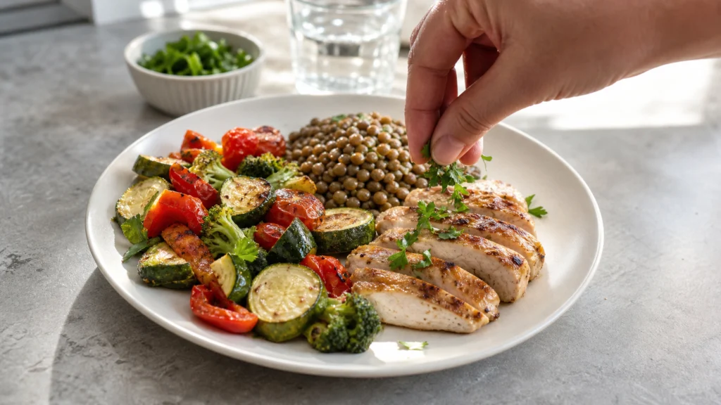Une personne prépare une assiette équilibrée avec légumes, lentilles et poulet grillé.
