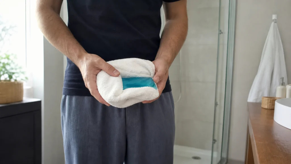Homme vêtu tenant prudemment une poche de froid enveloppée dans une serviette