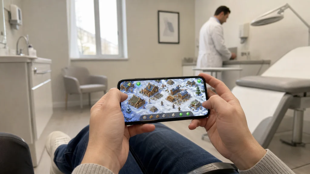 Patient jouant à un jeu mobile de gestion de ressources dans la salle d’attente d’un cabinet de dermatologie