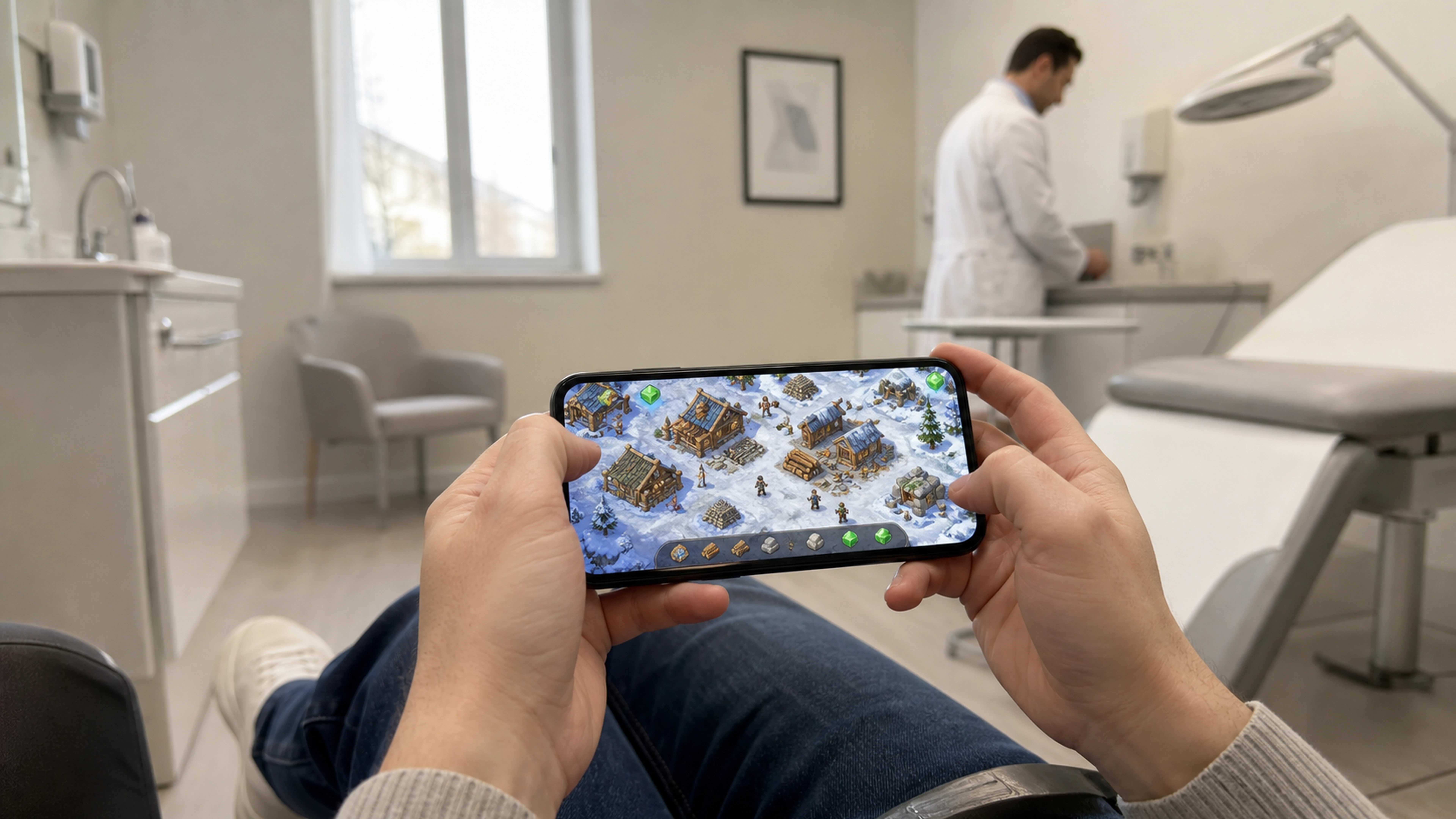 Patient jouant à un jeu mobile de gestion de ressources dans la salle d’attente d’un cabinet de dermatologie