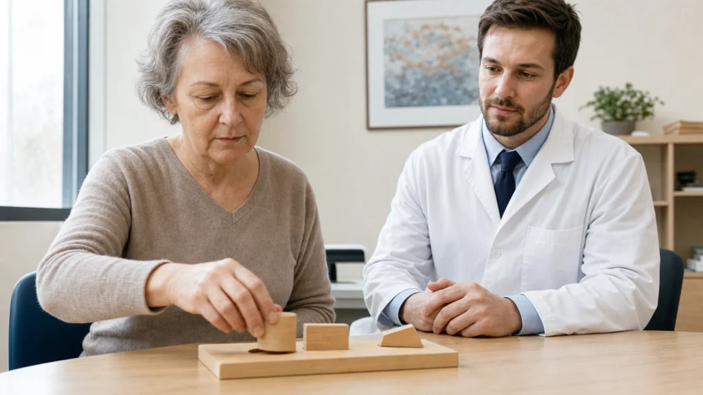 Personne âgée réalisant un exercice de coordination sous le regard d’un neurologue