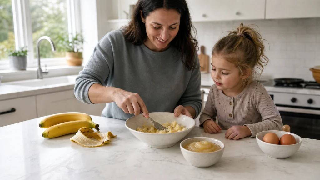 Parent préparant avec un enfant une collation sans œuf dans une cuisine familiale