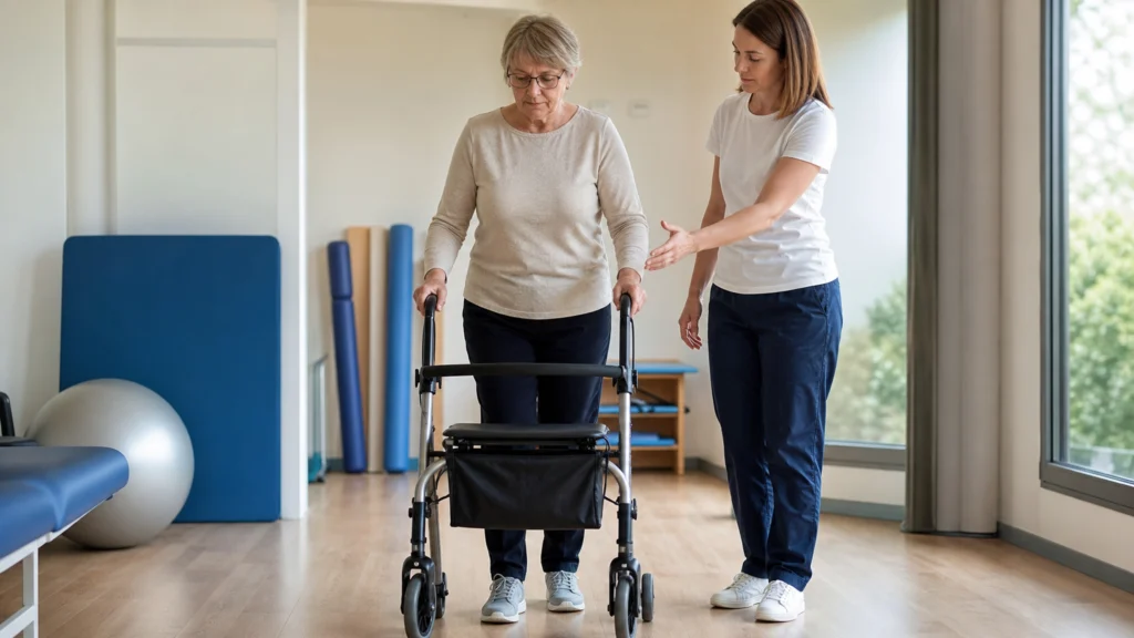 Femme âgée reprenant progressivement la marche avec un déambulateur et une kinésithérapeute