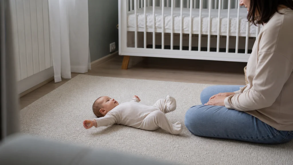Nourrisson de deux mois bougeant bras et jambes sur un tapis sous le regard d'un parent