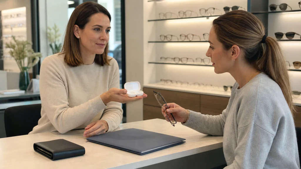 Cliente et opticienne préparant un renouvellement de lentilles avec un dossier fermé