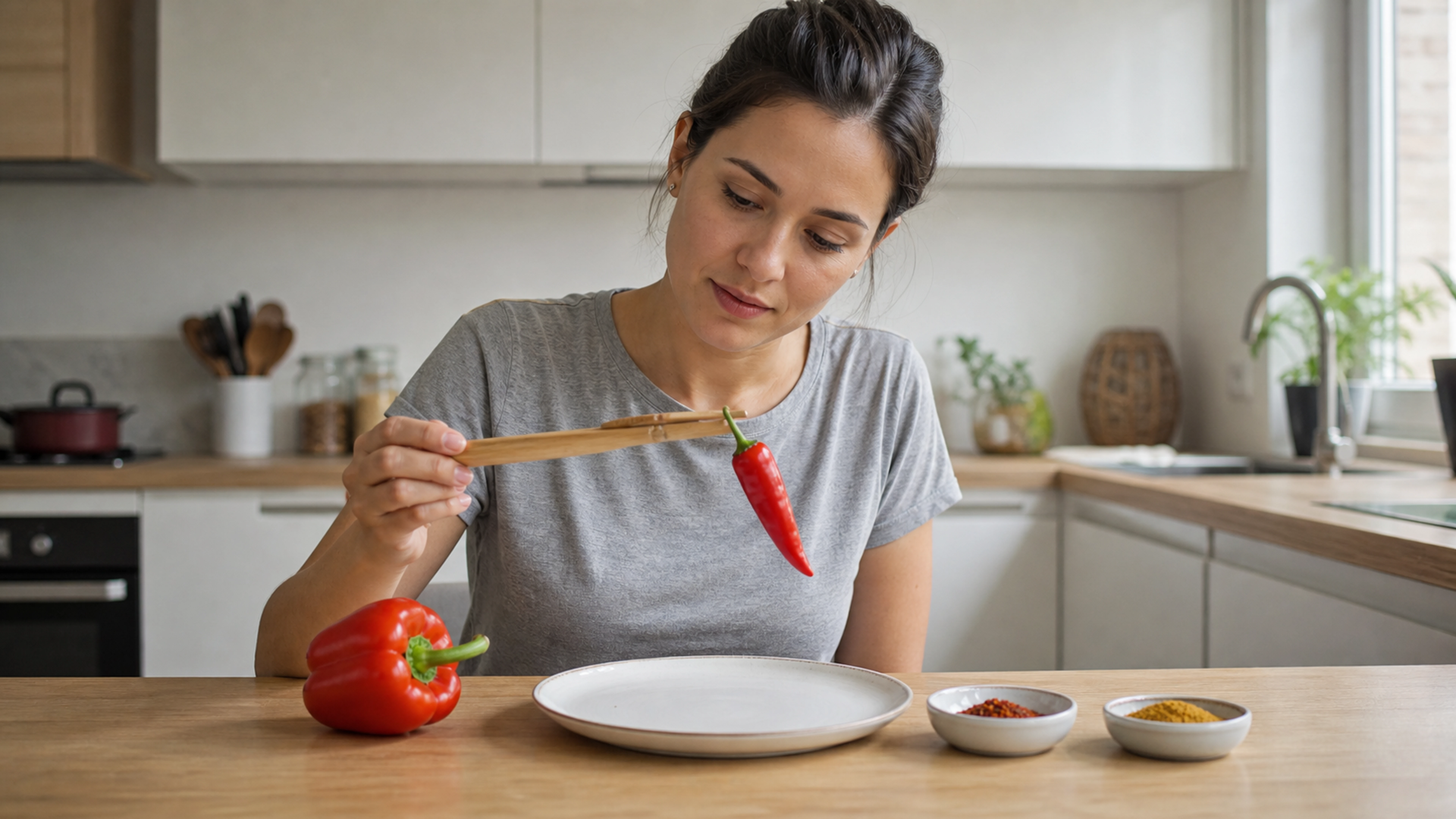 Une personne examine un piment rouge et des épices dans une cuisine.