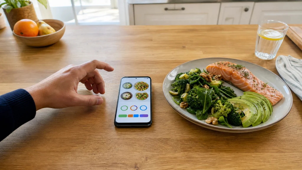 Un smartphone générique à côté d'un repas pauvre en glucides.