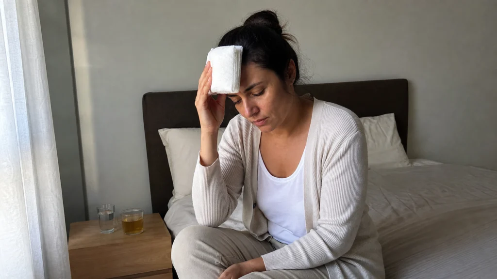 Une personne applique une compresse fraîche sur son front près d'une fenêtre.