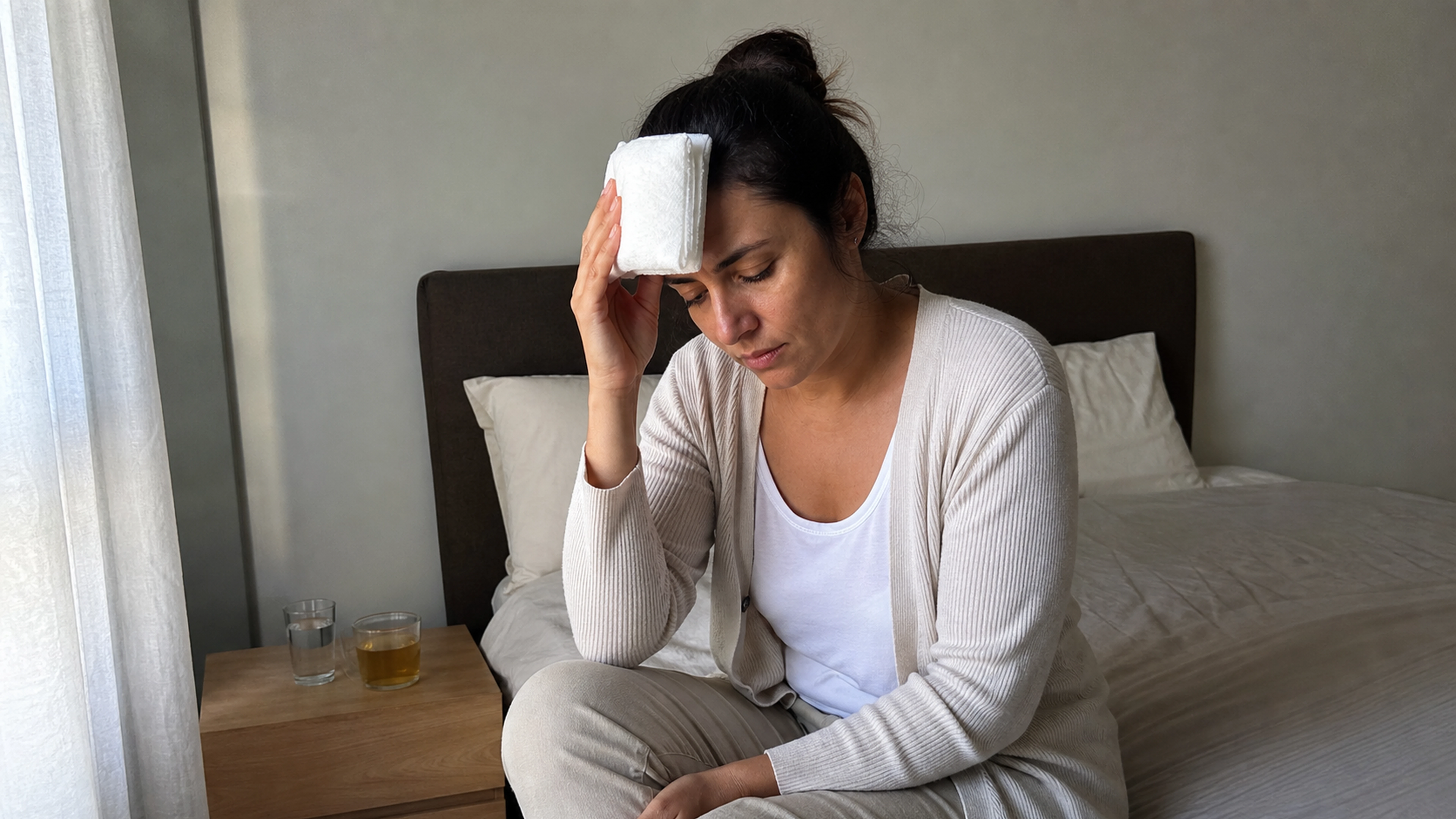 Une personne applique une compresse fraîche sur son front près d'une fenêtre.