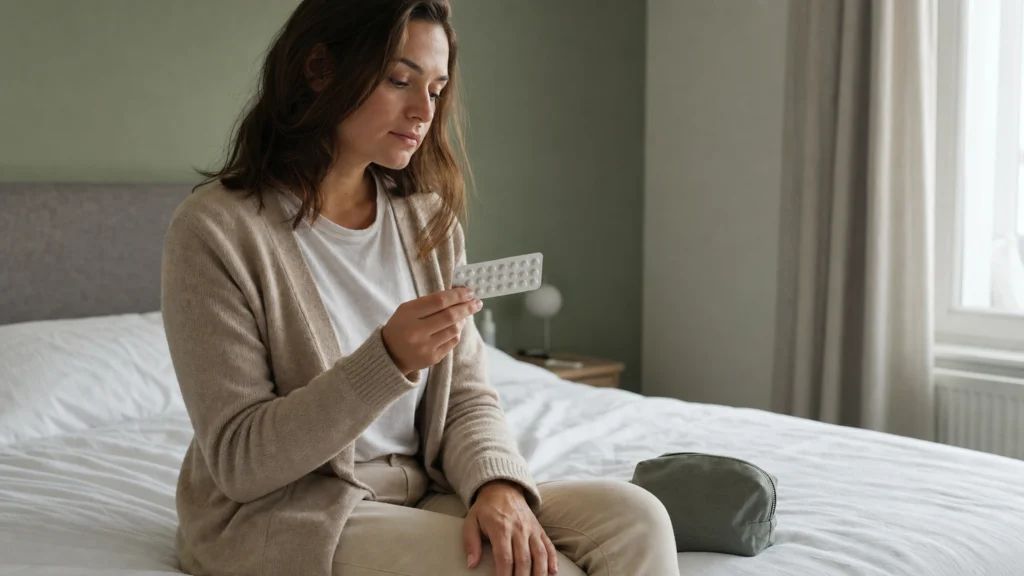 Femme tenant un blister contraceptif neutre dans une chambre lumineuse