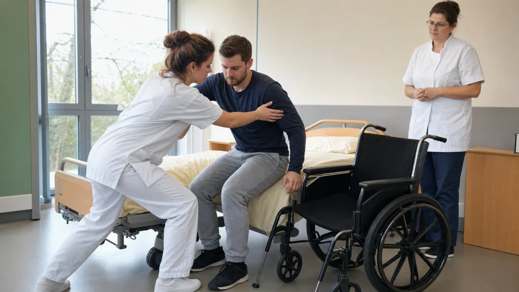 Élève aide-soignante pratiquant un transfert sécurisé en salle de simulation