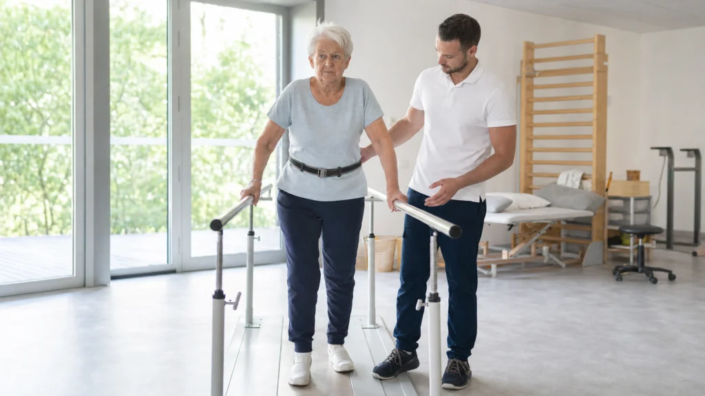Personne âgée en rééducation de la marche avec un kinésithérapeute