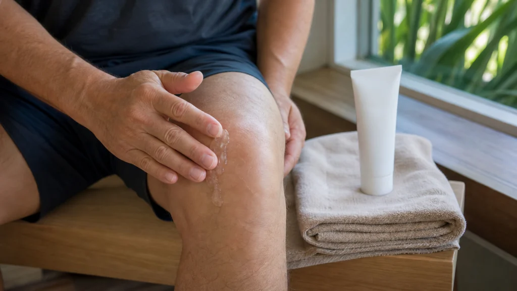 Adulte appliquant un gel de massage transparent sur son genou