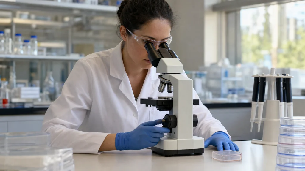 Chercheuse observant un échantillon au microscope dans un laboratoire d’oncologie