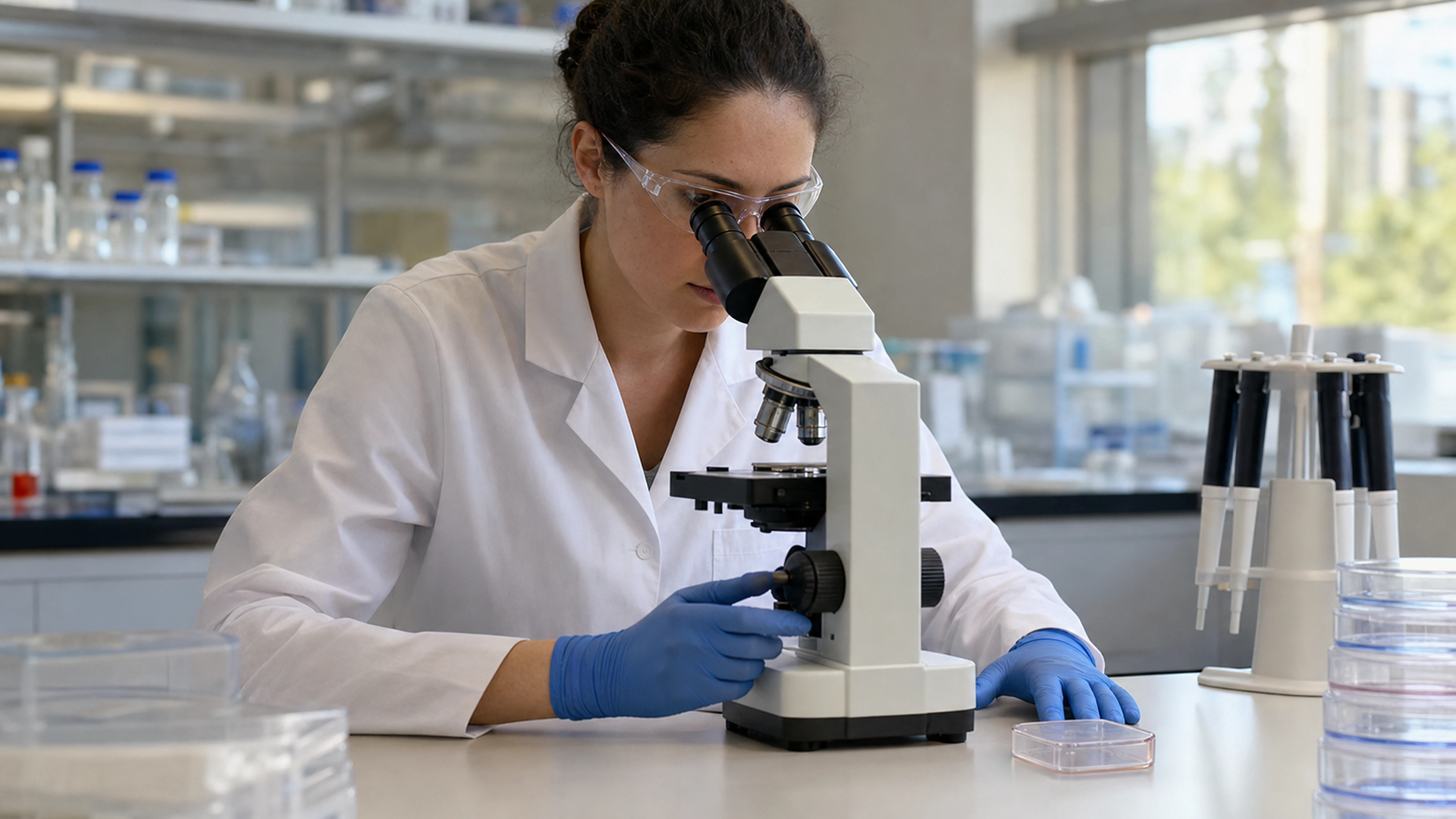 Chercheuse observant un échantillon au microscope dans un laboratoire d’oncologie
