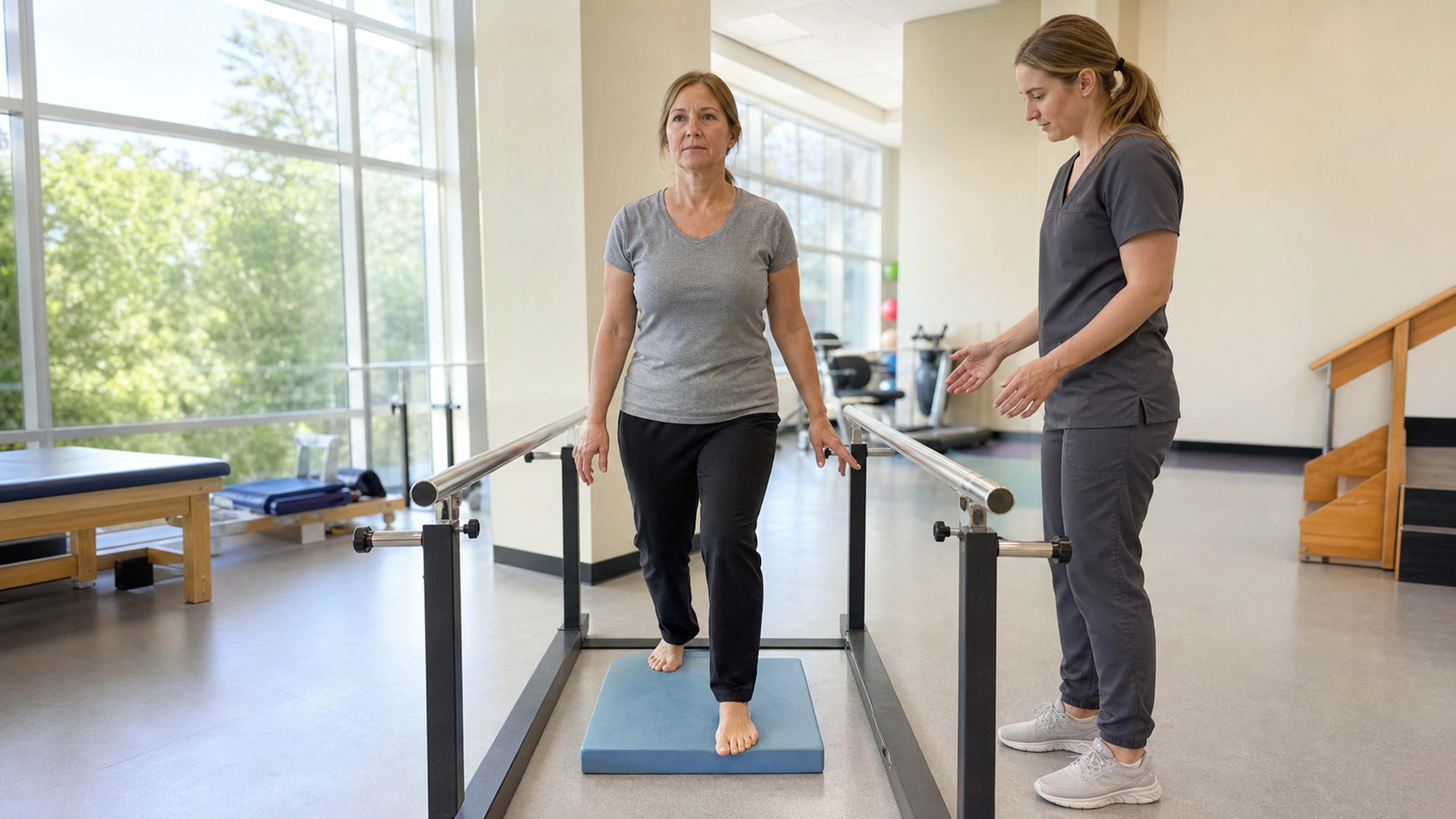 Patiente réalisant un exercice d’équilibre avec une kinésithérapeute en cabinet