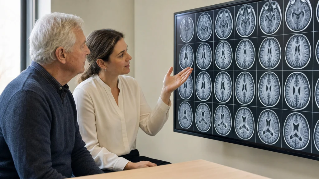 Neurologue expliquant une IRM cérébrale à un patient âgé en consultation