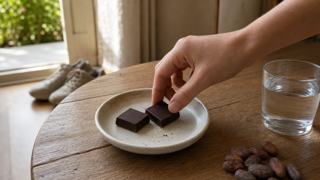 Deux carrés de chocolat noir servis avec un verre d’eau avant une marche
