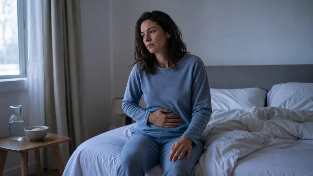Personne éveillée au bord du lit posant une main sur son ventre dans une chambre calme