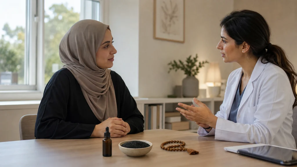 Patiente et médecin discutant de graines et d'huile de nigelle lors d'une consultation