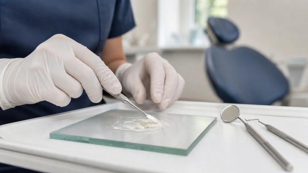 Dentiste préparant un ciment provisoire sur une plaque de verre avec une spatule