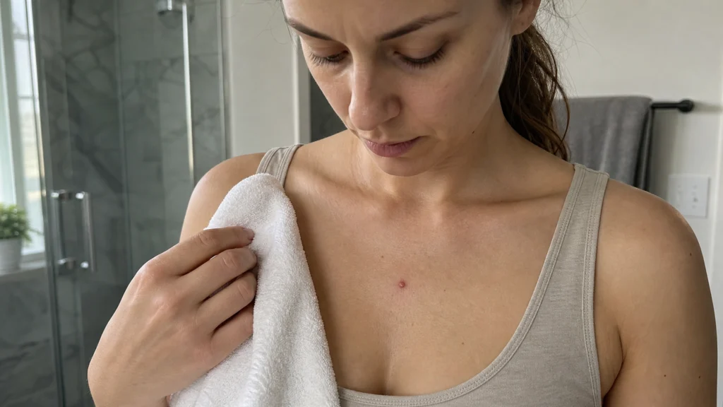 Femme observant un petit bouton discret sur le haut du torse dans une salle de bain lumineuse