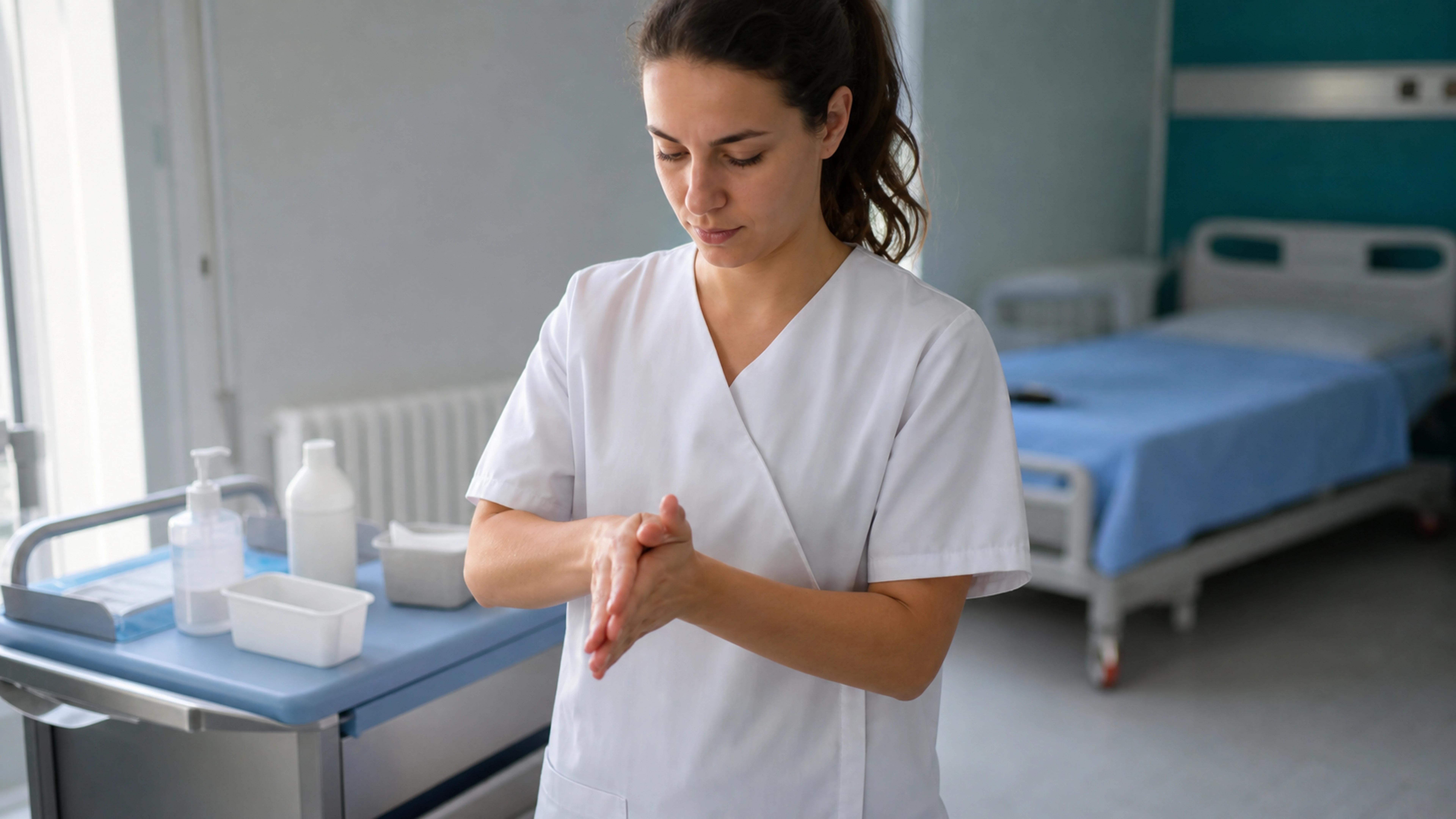 Étudiante infirmière réalisant une friction hydroalcoolique dans une salle de simulation clinique