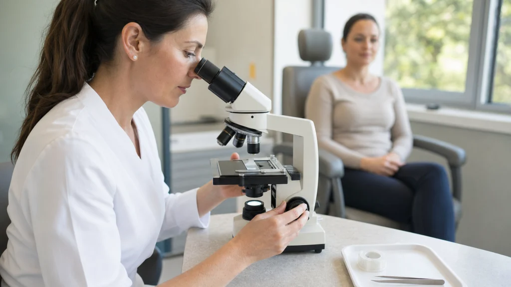 Dermatologue examinant une lame au microscope dans un cabinet lumineux