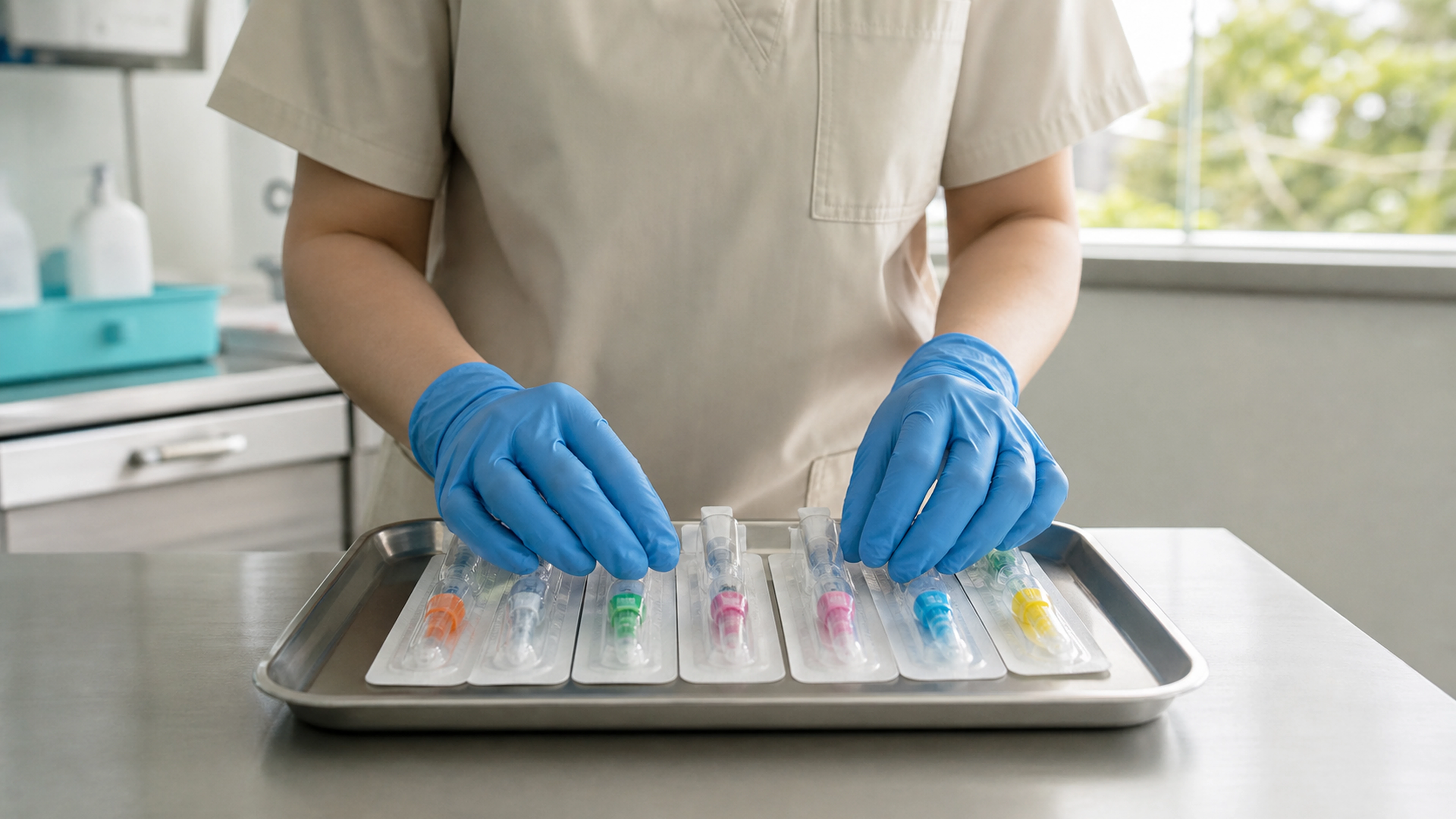Professionnelle de santé comparant plusieurs calibres de cathéters sur un plateau de soins