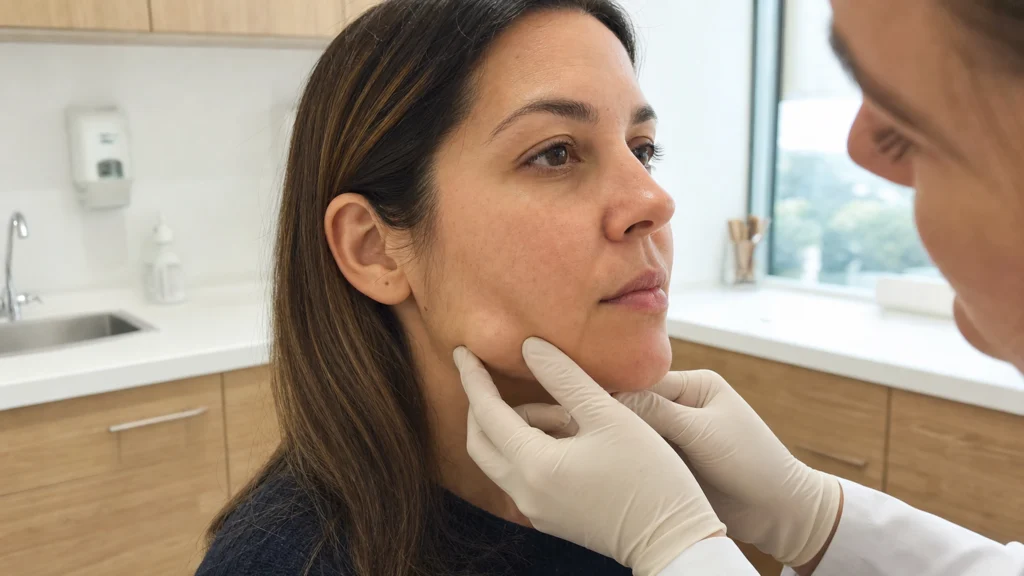 Dermatologue examinant une bosse sous-cutanée lisse sur la joue d’un adulte