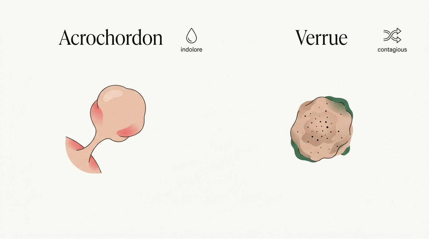 Comparaison visuelle entre un acrochordon mou et une verrue rugueuse