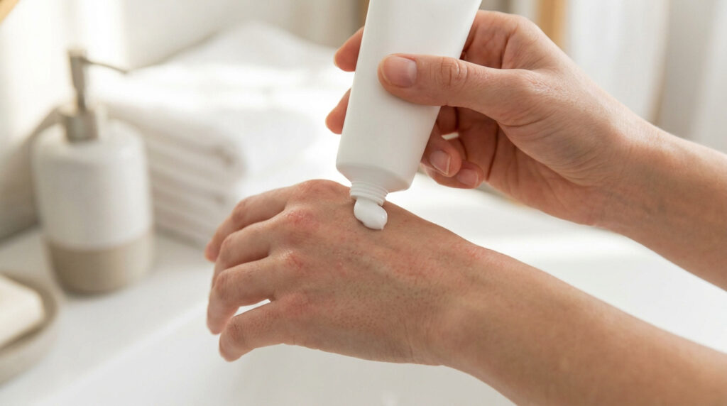 Une personne applique une crème apaisante blanche sur le dos de sa main irritée par l'eczéma.