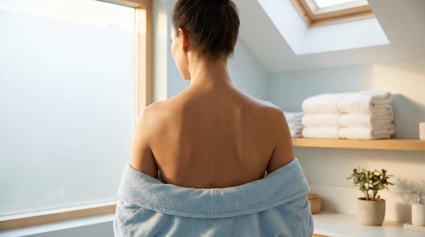 Une femme de dos portant un peignoir bleu dans une salle de bain lumineuse.
