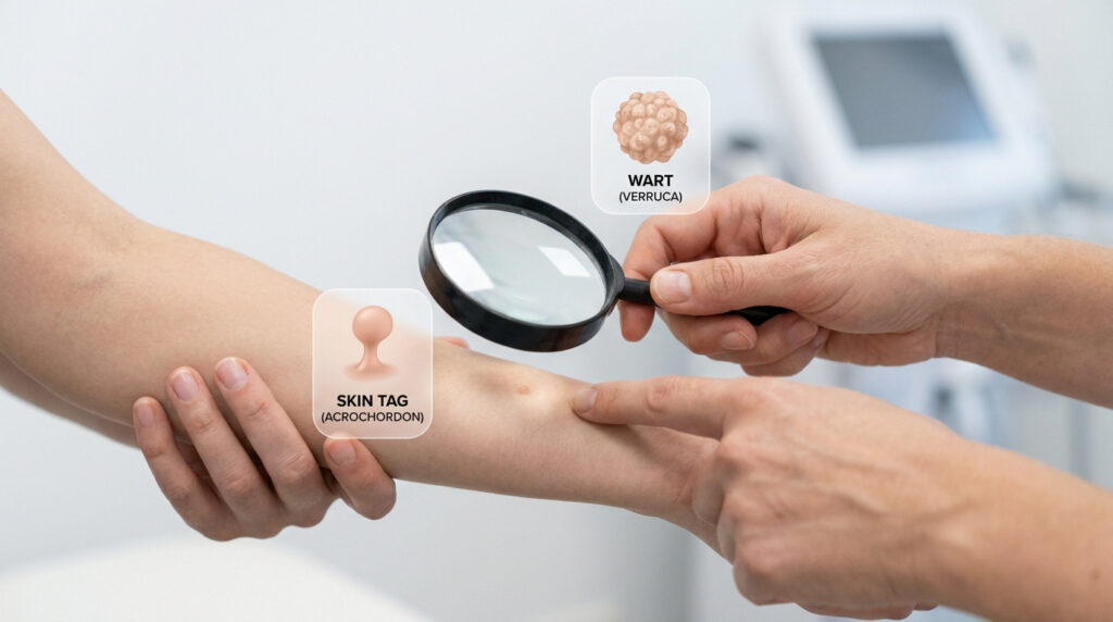 Un médecin examine le bras d'un patient avec une loupe, illustrant la différence entre un acrochordon et une verrue.