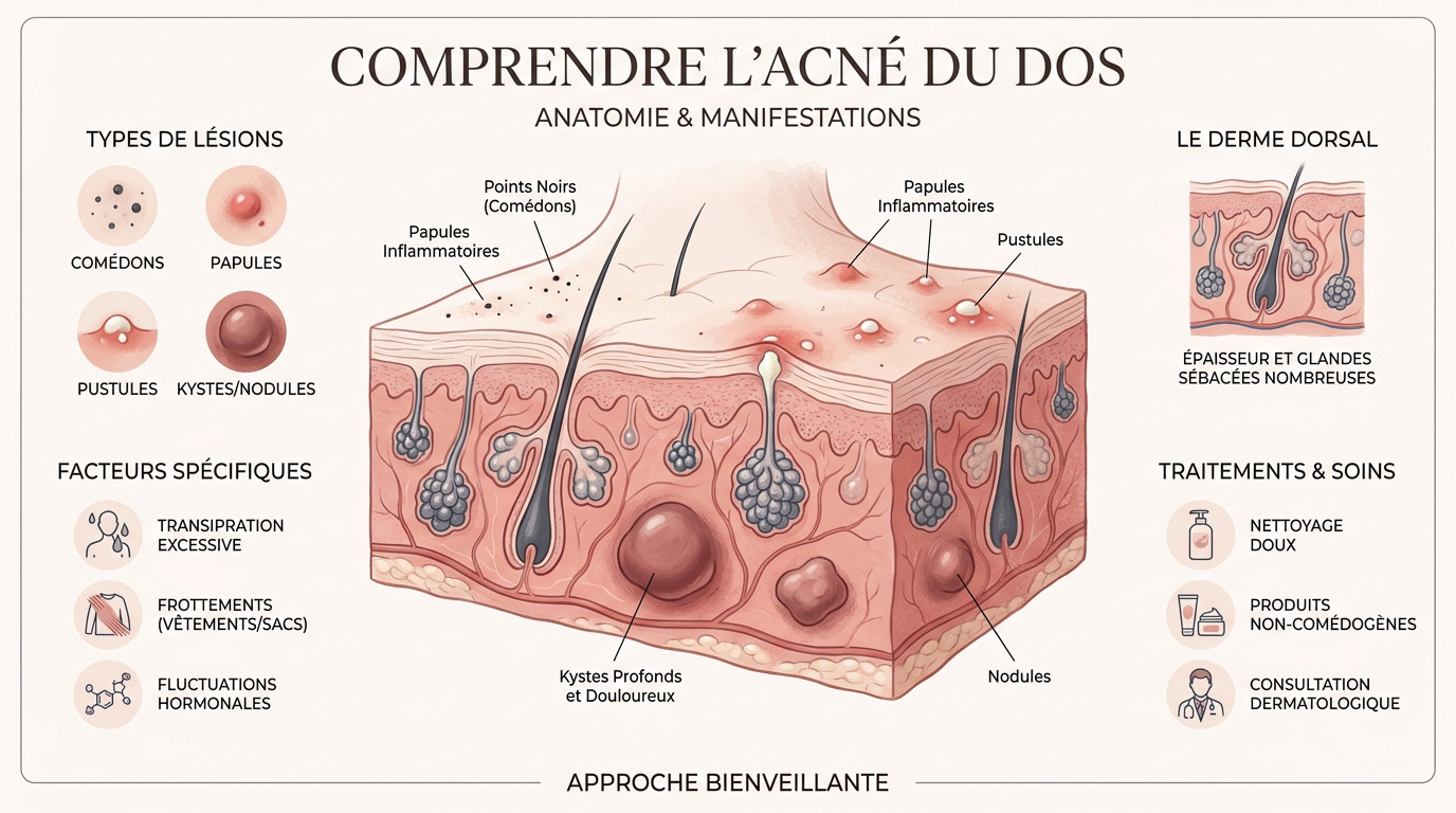 Schéma anatomique des différentes lésions de l'acné dorsale incluant comédons et nodules