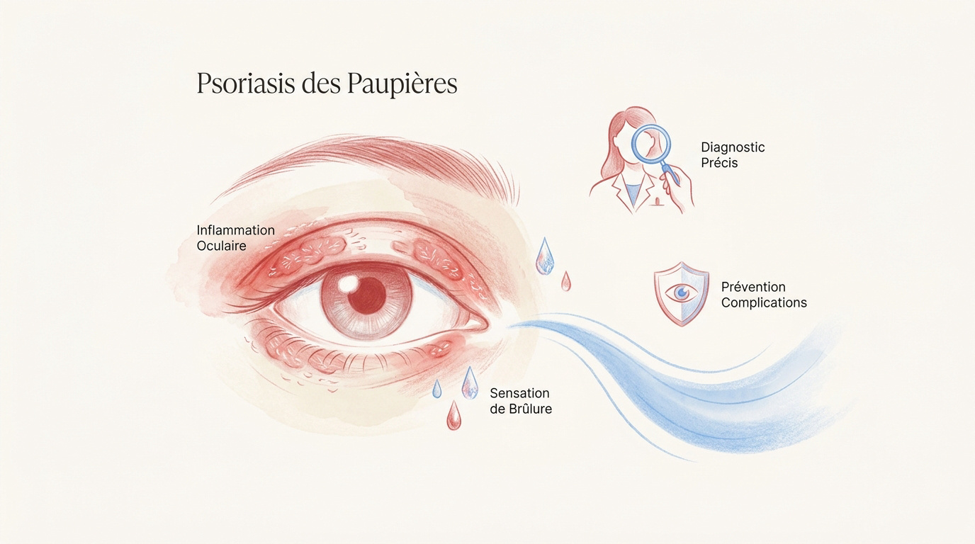 Plaques érythémateuses et squames sur la paupière illustrant le psoriasis oculaire