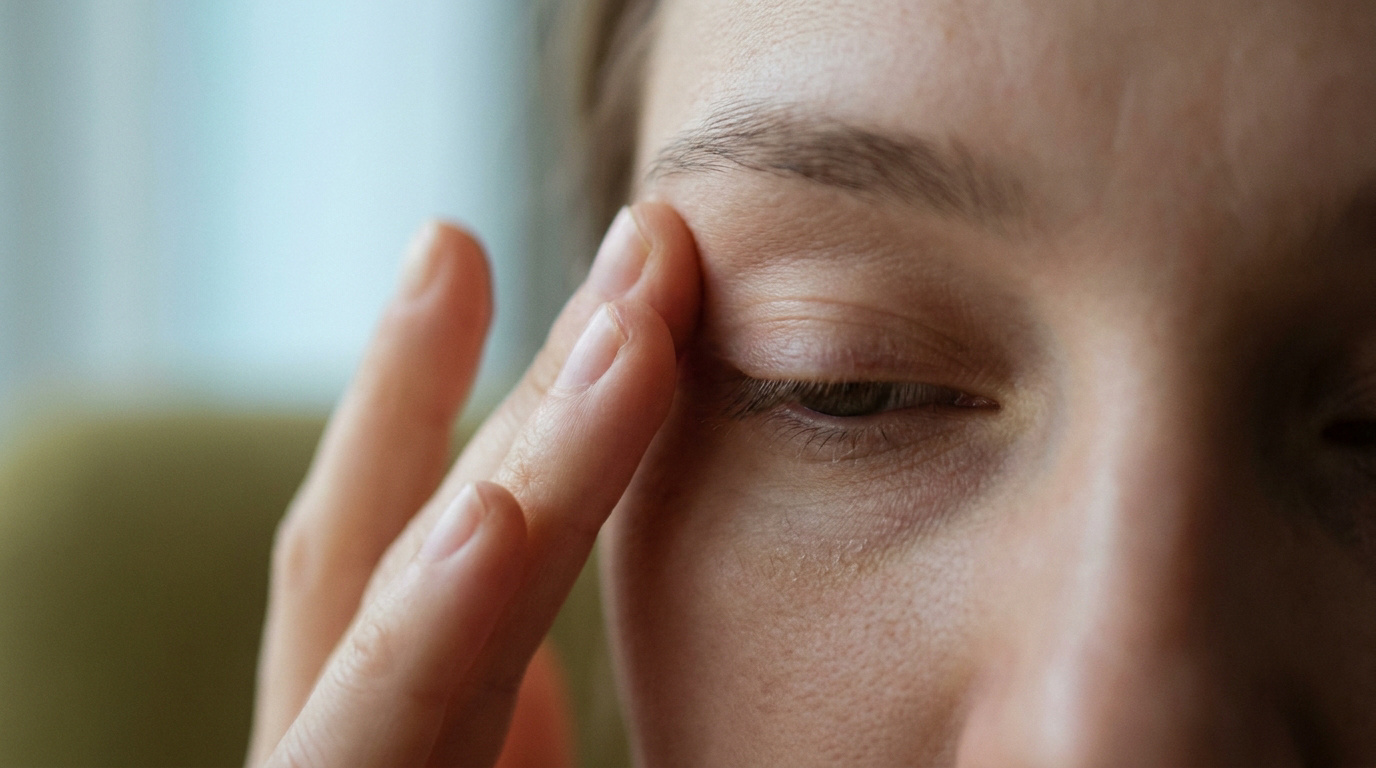 Gros plan sur le visage d'une personne touchant délicatement sa paupière irritée.
