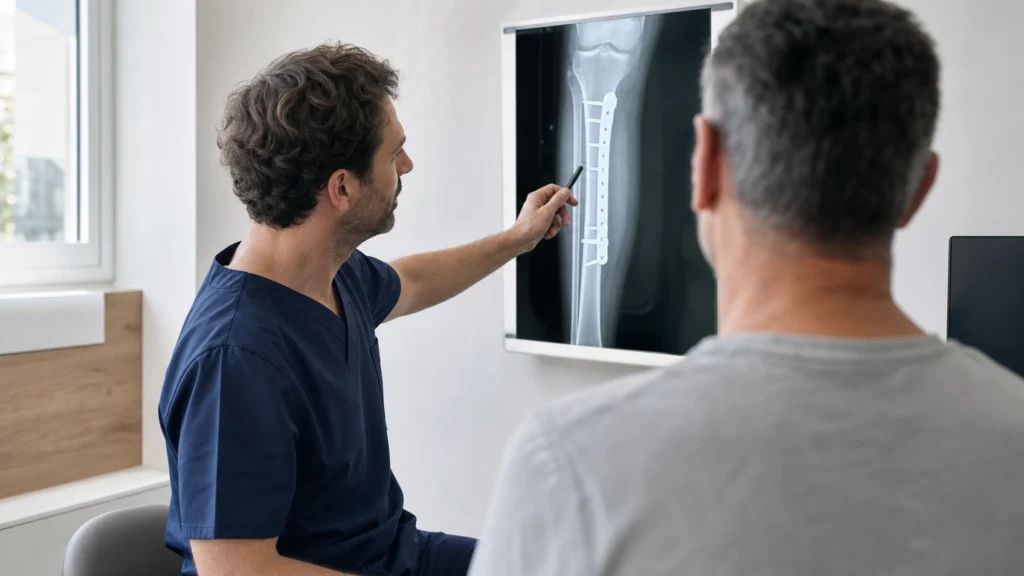 Démonstration du retrait d’une plaque et de vis sur un modèle anatomique de tibia