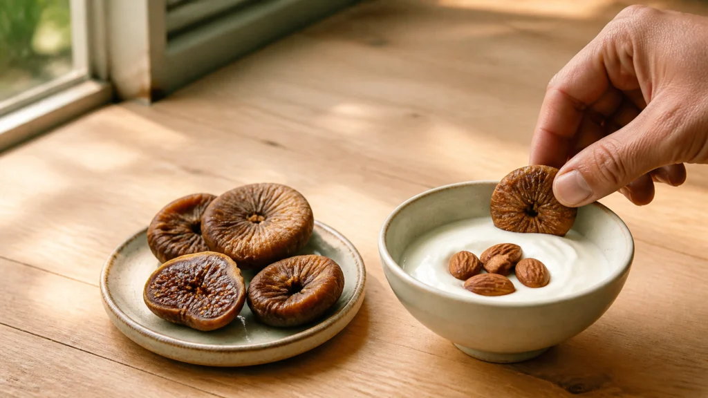 Figues sèches servies avec un bol de yaourt nature et des amandes
