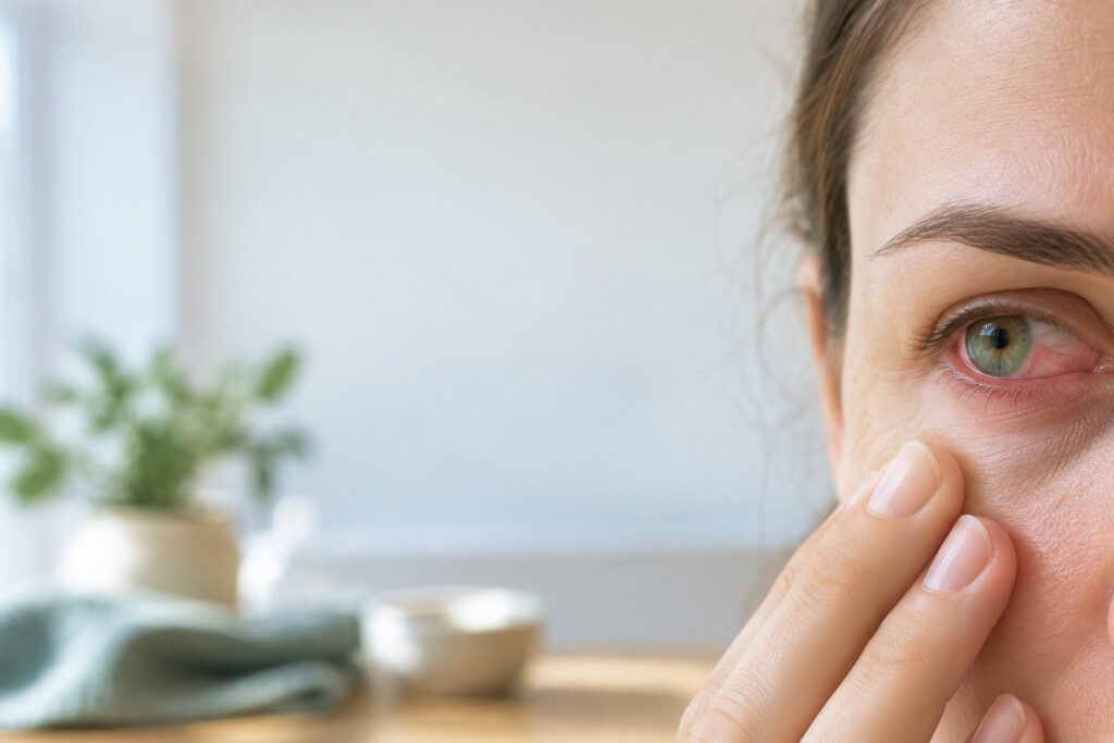 Gros plan sur l'œil d'une femme irrité et rouge, évoquant une possible rosacée oculaire.
