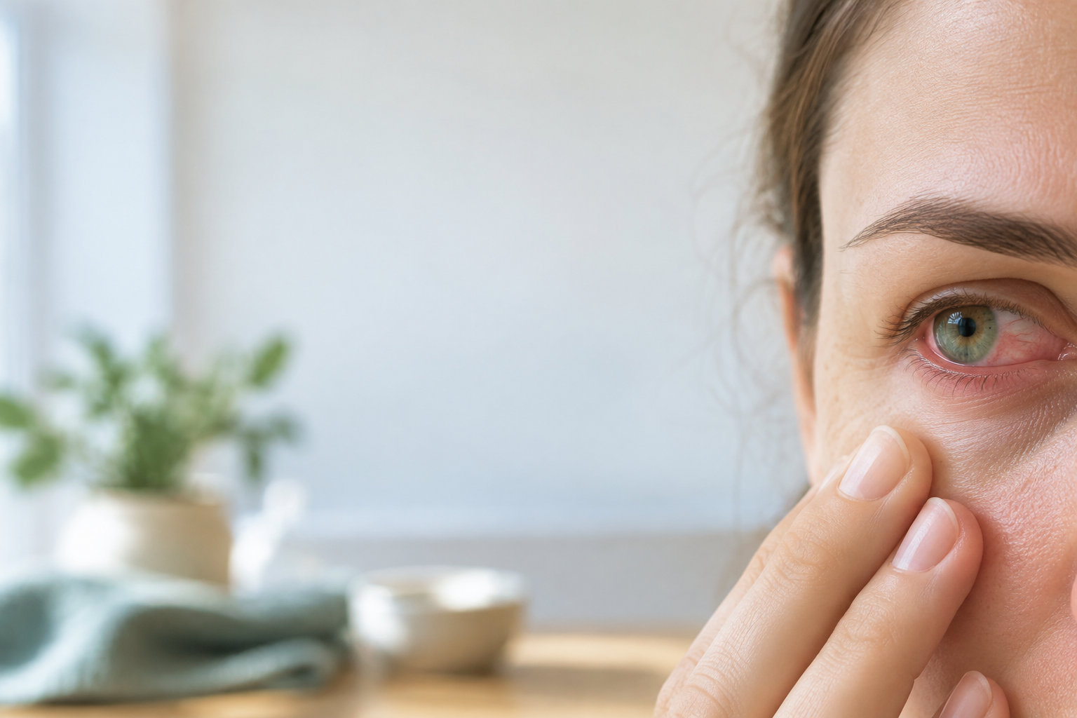Gros plan sur l'œil d'une femme irrité et rouge, évoquant une possible rosacée oculaire.