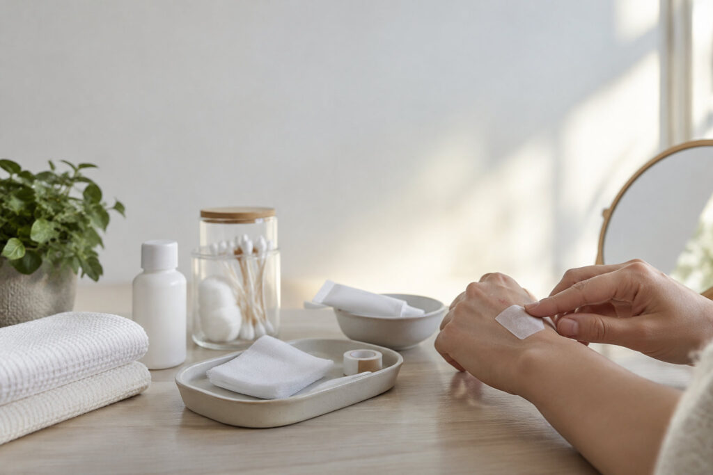 Une personne applique un pansement sur sa main avec du matériel médical, des cotons et une crème sur la table.