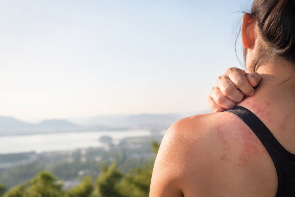 Vue de dos d'une personne grattant des plaques rouges sur son épaule après un effort physique en extérieur.
