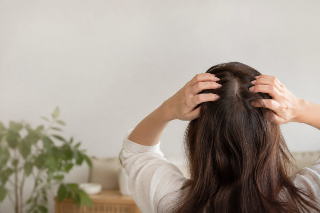 Vue arrière d'une femme examinant ses cheveux et son cuir chevelu avec ses mains, exprimant de l'inconfort.