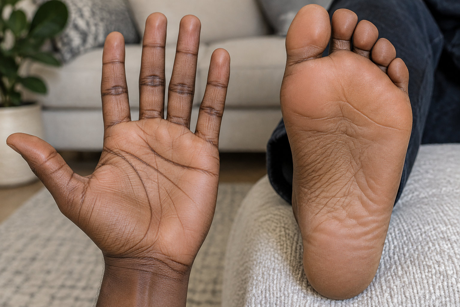 Une personne montre la paume de sa main et la plante de son pied devant un canapé.