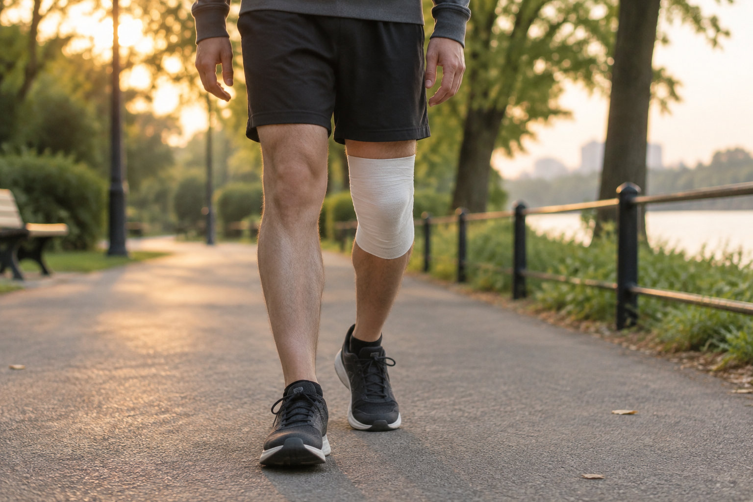 Un homme en short et chaussures de sport marche sur une allée de parc, avec un bandage blanc autour du genou.