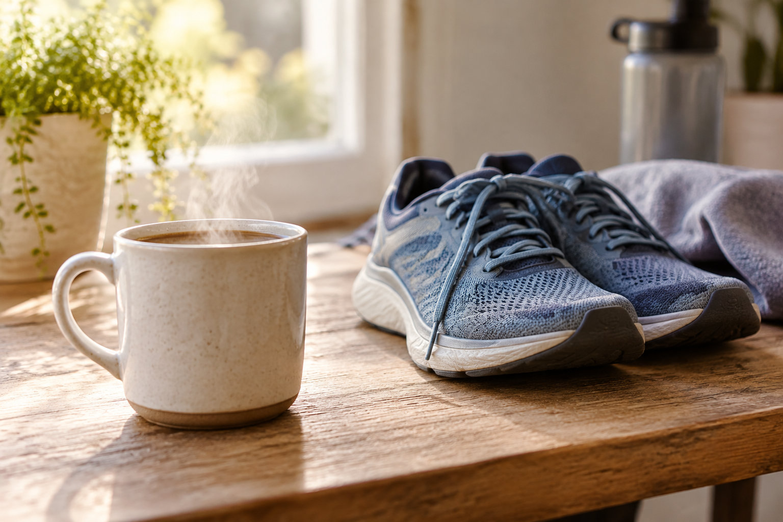 Une tasse fumante et une paire de chaussures de sport sont posées sur une table en bois, près d’une plante et d’une gourde.