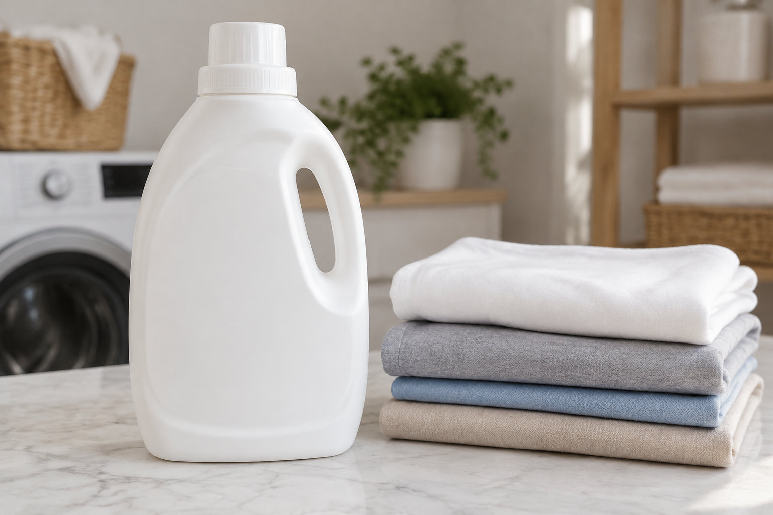 Un bidon blanc sans étiquette se trouve à côté d’une pile de serviettes pliées, dans une buanderie.