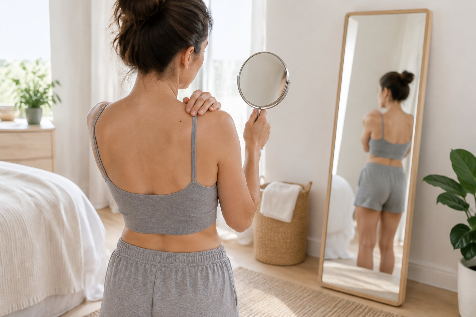 Une femme en tenue grise se regarde dans un miroir en tenant un miroir à main et en touchant son épaule.